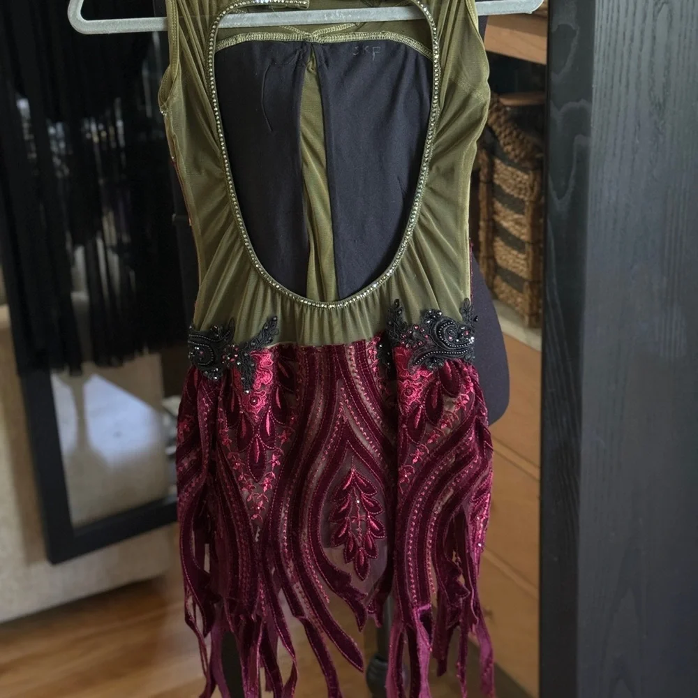 🫒Custom Patrick J Olive Green & Burgundy Dance Costume with Unique Fringe Skirt